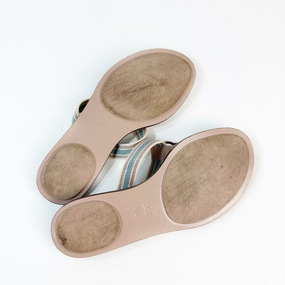 GUCCI Nude Web Stripe GG Sandal 37.5 Flat Flip Flop Leather Guccissima Embossed - Picture 11 of 13